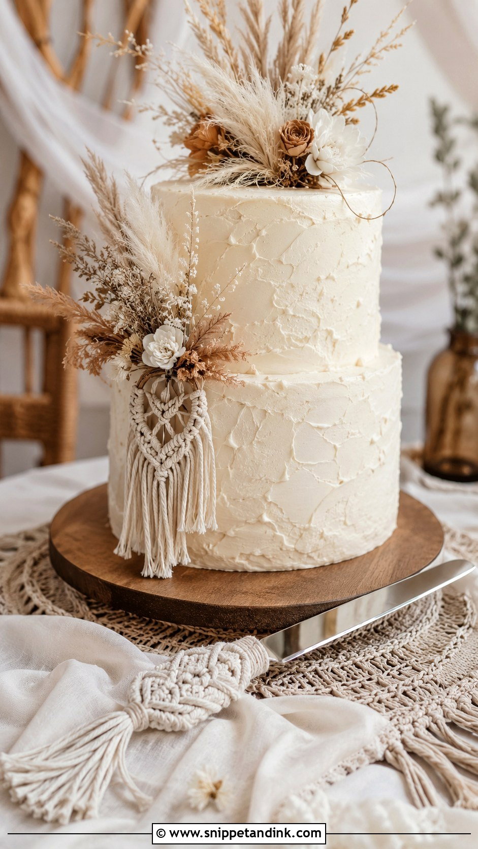 Macrame Wedding Cake Knife With Bohemian Cake - Snippet and Ink - 30 Wedding Cake Knife Decoration Ideas