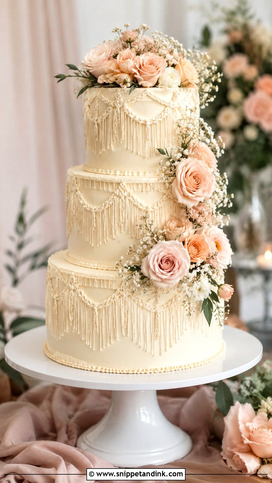 Macrame Wedding Cake With Blush Roses - Snippet and Ink - 20 Macrame Wedding Cake Ideas