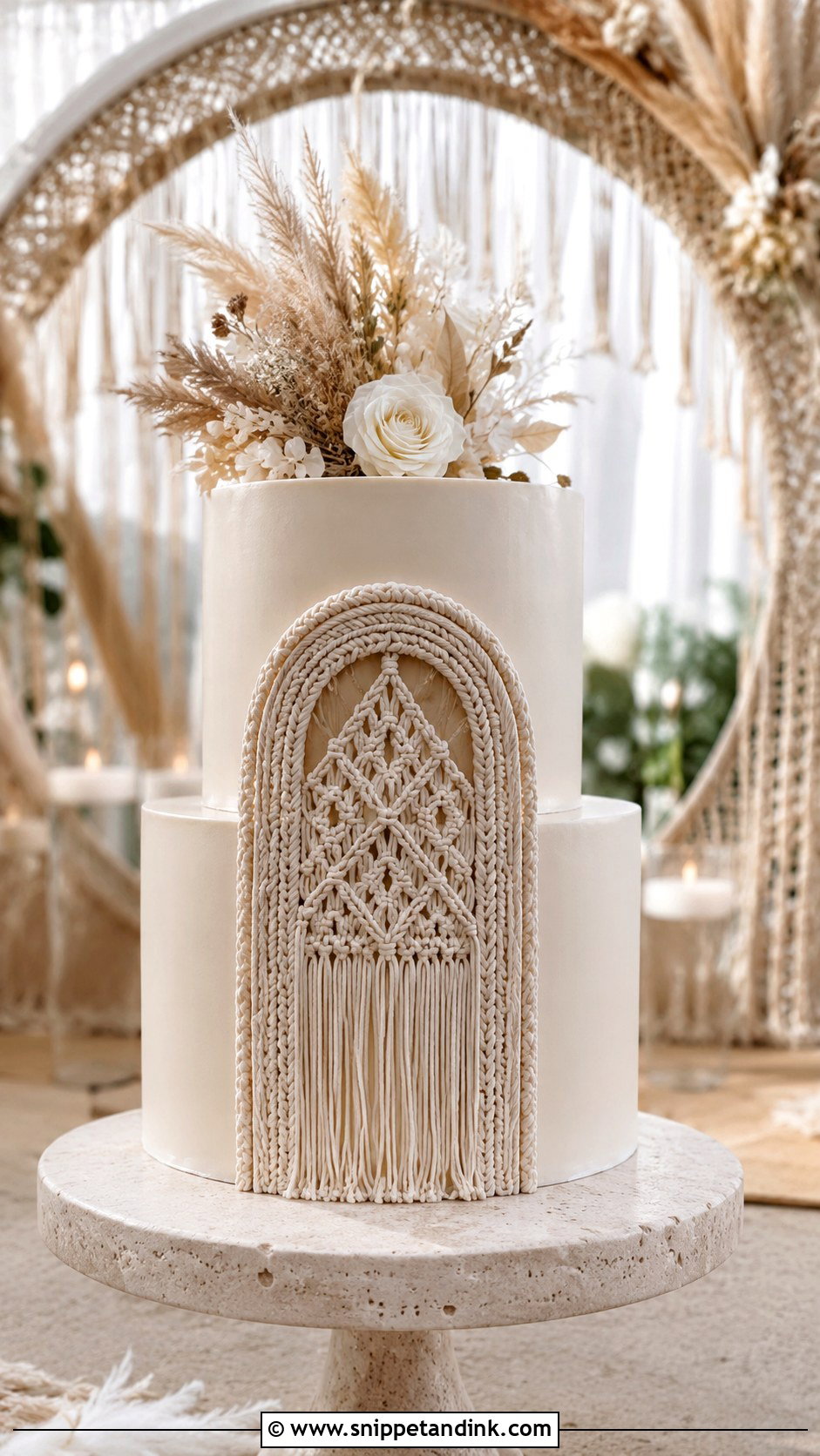 Macrame Wedding Cake With Boho Arch - Snippet and Ink - 20 Macrame Wedding Cake Ideas