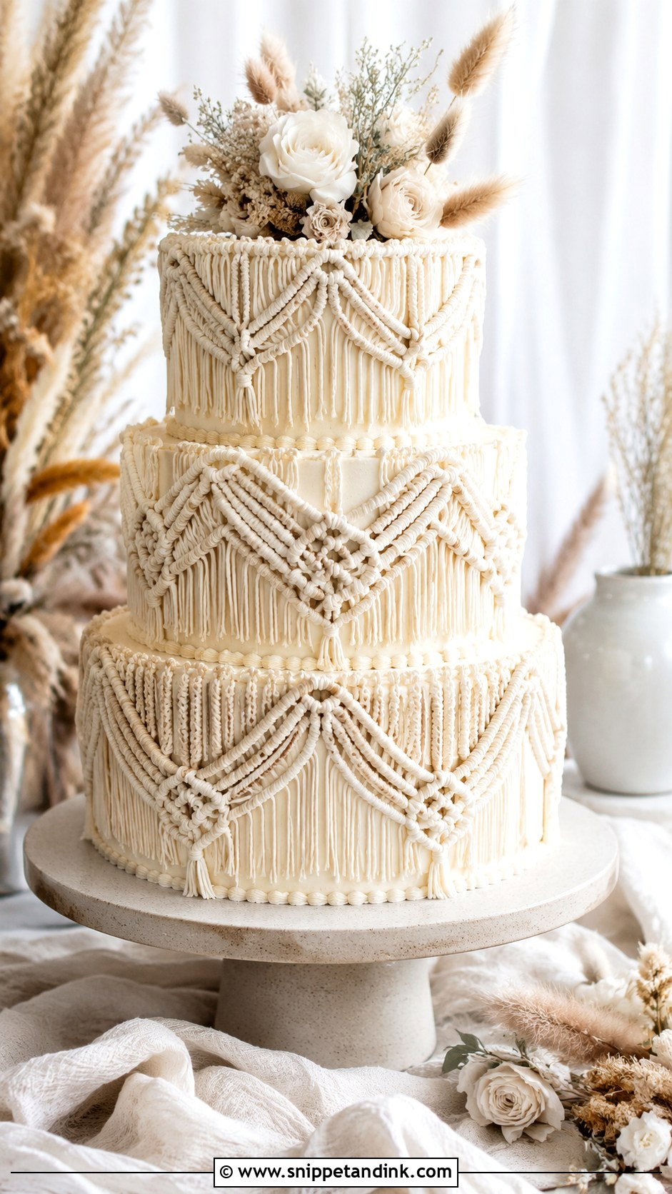 Macrame Wedding Cake With Buttercream Piping - Snippet and Ink - 20 Macrame Wedding Cake Ideas