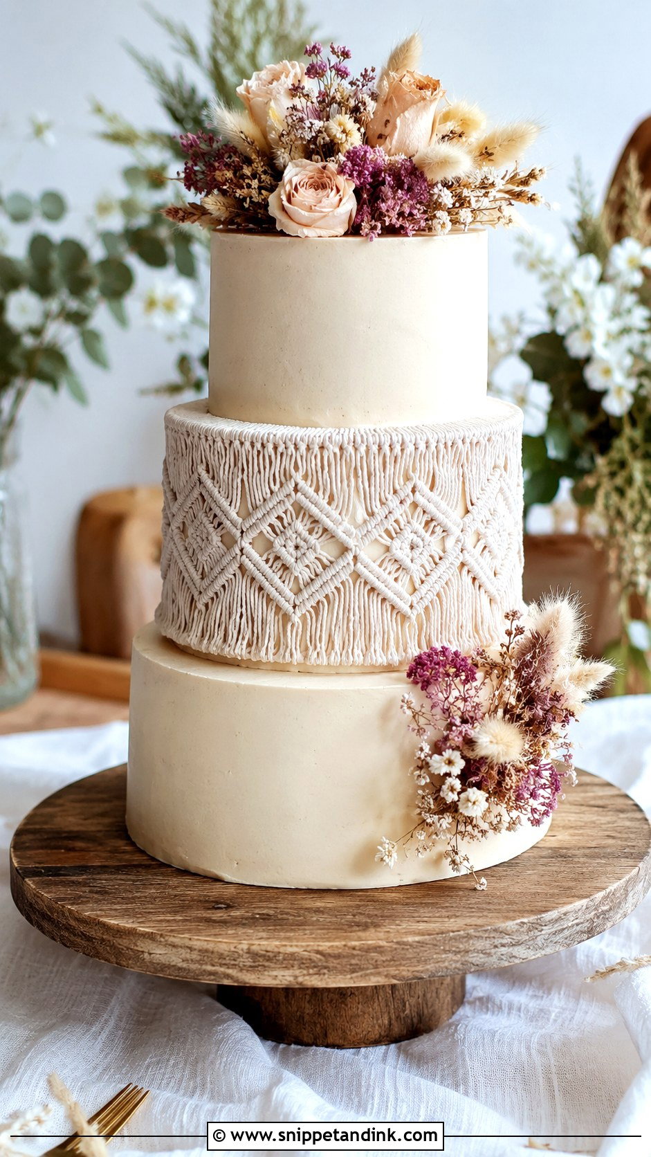 Macrame Wedding Cake With Dried Flowers - Snippet and Ink - 20 Macrame Wedding Cake Ideas