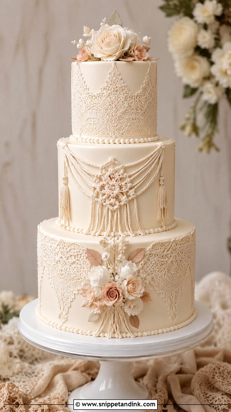 Macrame Wedding Cake With Fondant Lace - Snippet and Ink - 20 Macrame Wedding Cake Ideas