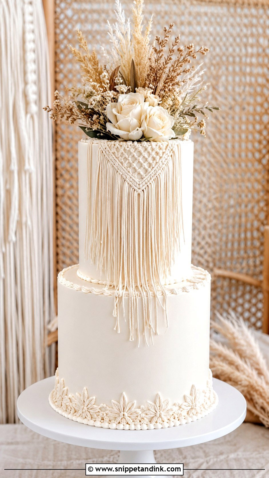 Macrame Wedding Cake With Fringe - Snippet and Ink - 20 Macrame Wedding Cake Ideas