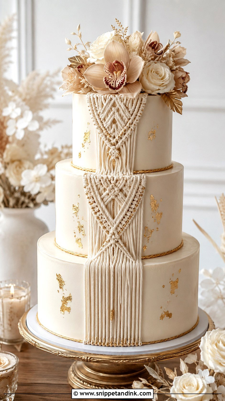 Macrame Wedding Cake With Gold Accents - Snippet and Ink - 20 Macrame Wedding Cake Ideas