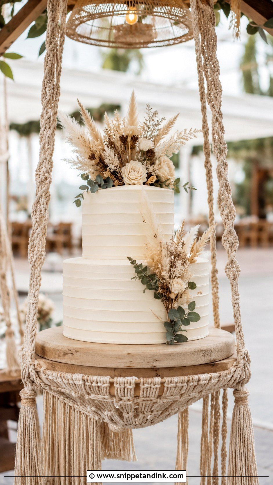 Macrame Wedding Cake With Hanging Display - Snippet and Ink - 20 Macrame Wedding Cake Ideas