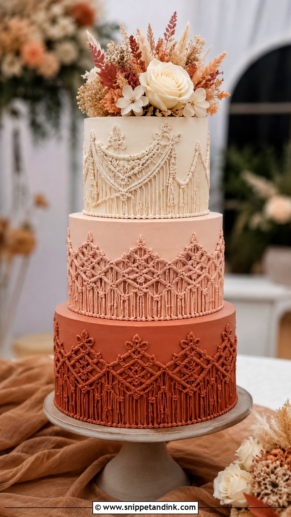 Macrame Wedding Cake With Ombre Tiers - Snippet and Ink - 20 Macrame Wedding Cake Ideas