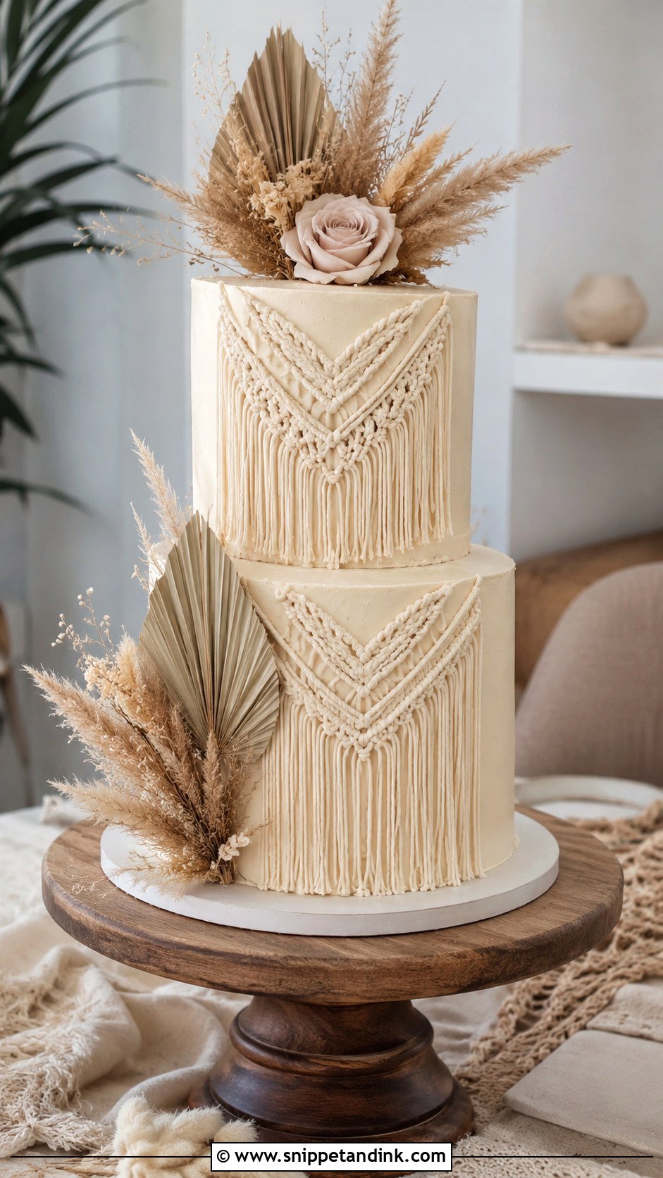 Macrame Wedding Cake With Pampas Grass - Snippet and Ink - 20 Macrame Wedding Cake Ideas