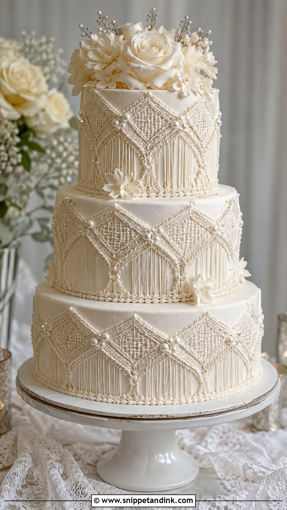 Macrame Wedding Cake With Pearl Details - Snippet and Ink - 20 Macrame Wedding Cake Ideas