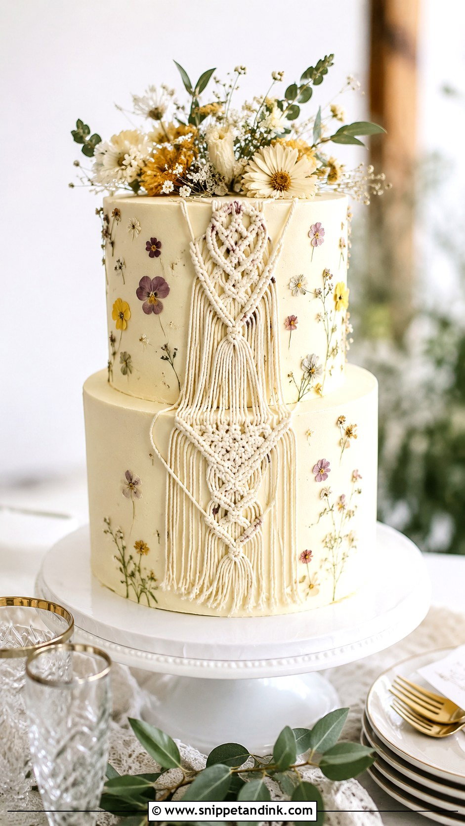 Macrame Wedding Cake With Pressed Flowers - Snippet and Ink - 20 Macrame Wedding Cake Ideas