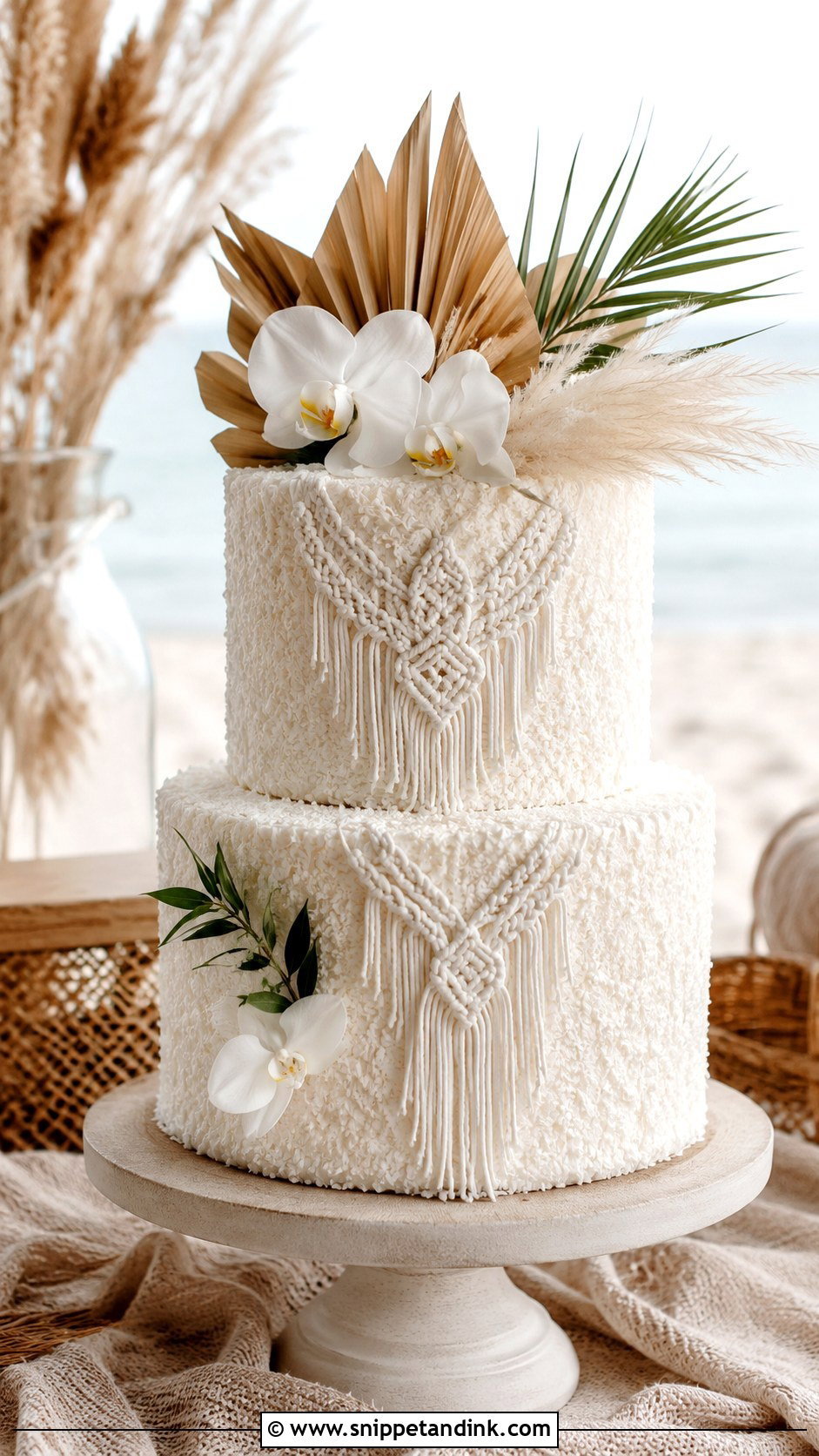 Macrame Wedding Cake With Rattan Texture - Snippet and Ink - 20 Macrame Wedding Cake Ideas
