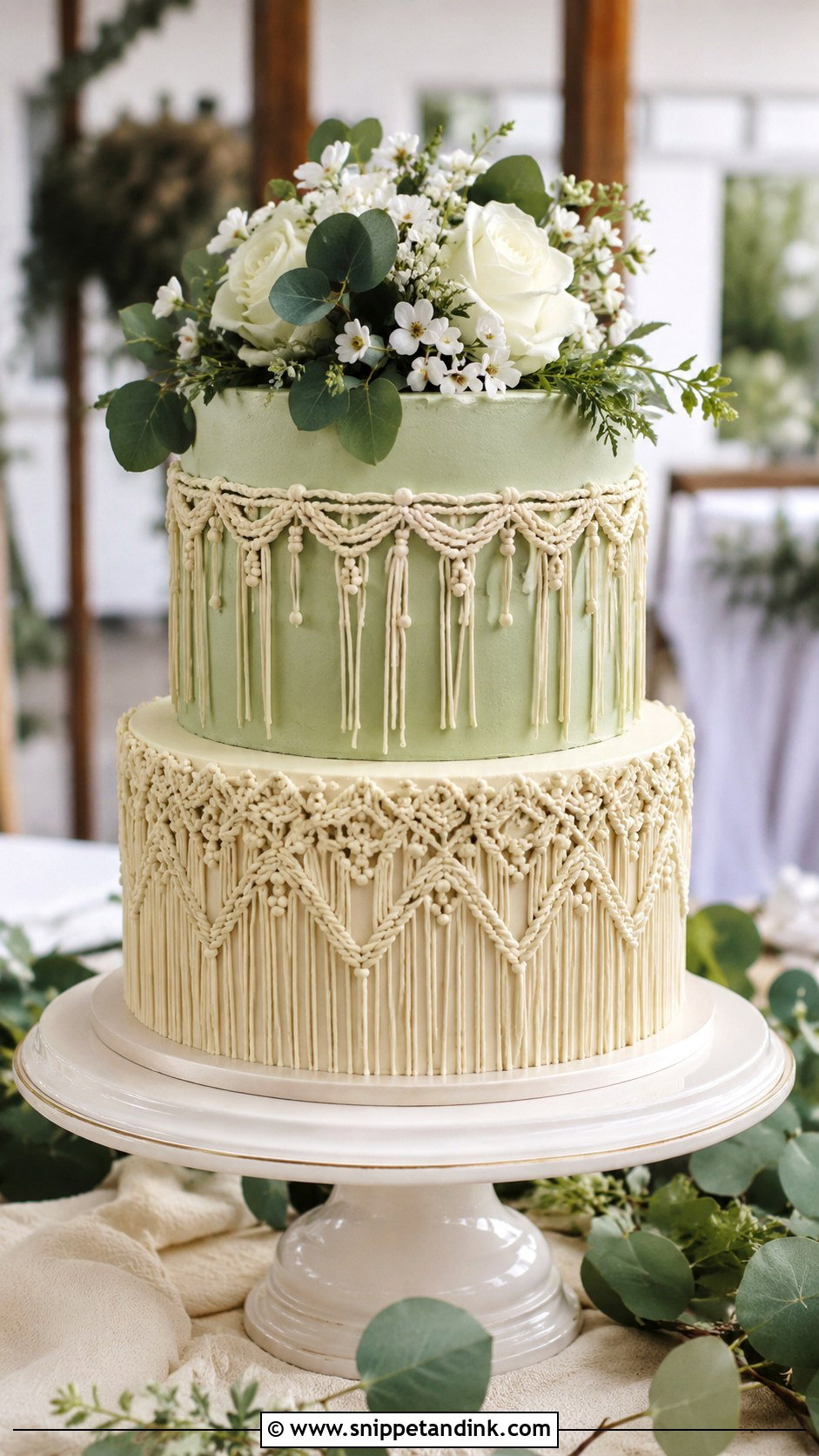 Macrame Wedding Cake With Sage Green - Snippet and Ink - 20 Macrame Wedding Cake Ideas