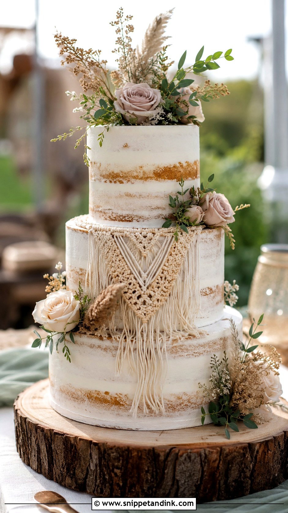 Macrame Wedding Cake With Semi Naked Frosting - Snippet and Ink - 20 Macrame Wedding Cake Ideas