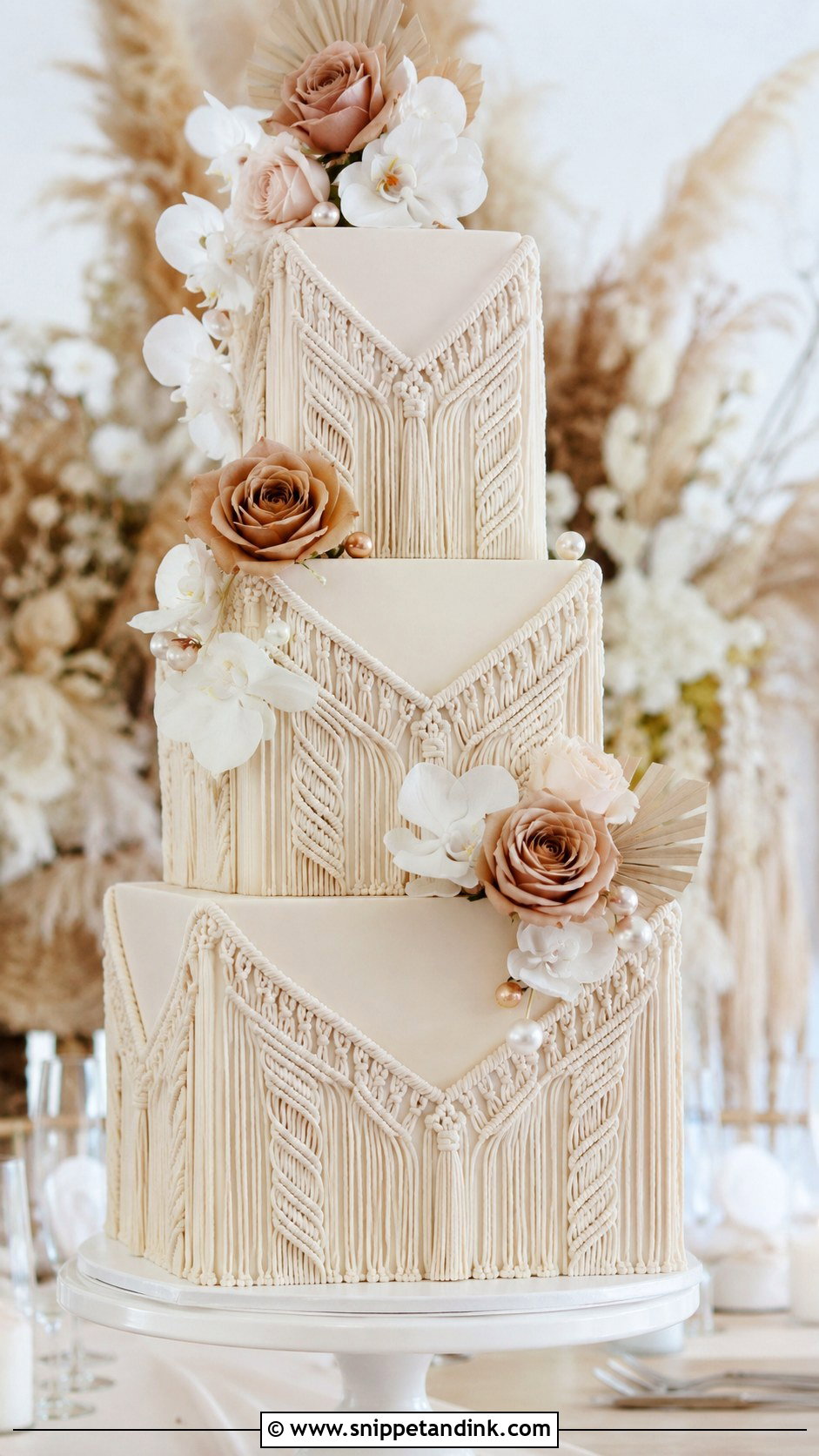 Macrame Wedding Cake With Square Tiers - Snippet and Ink - 20 Macrame Wedding Cake Ideas