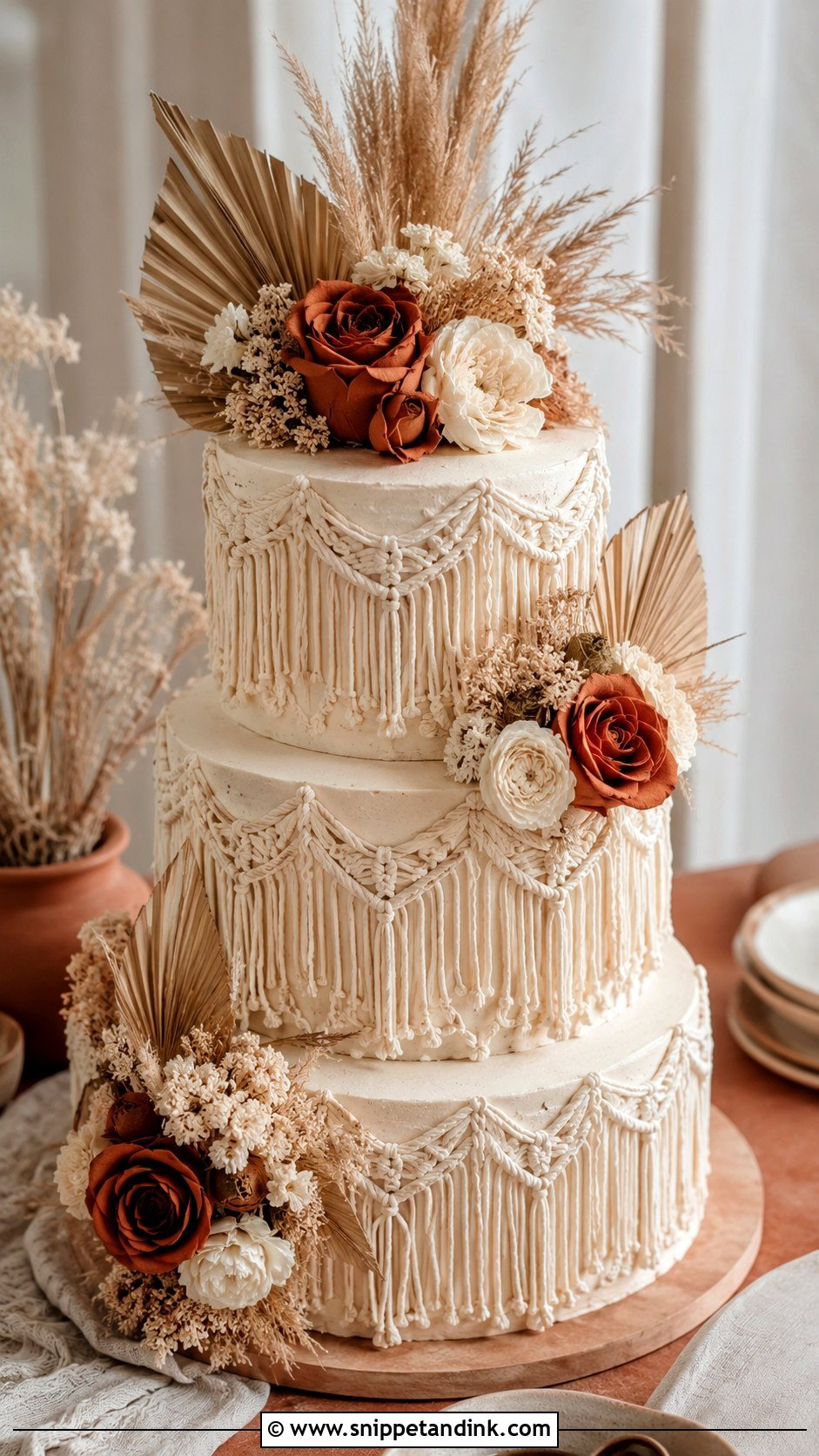 Macrame Wedding Cake With Terracotta Flowers - Snippet and Ink - 20 Macrame Wedding Cake Ideas