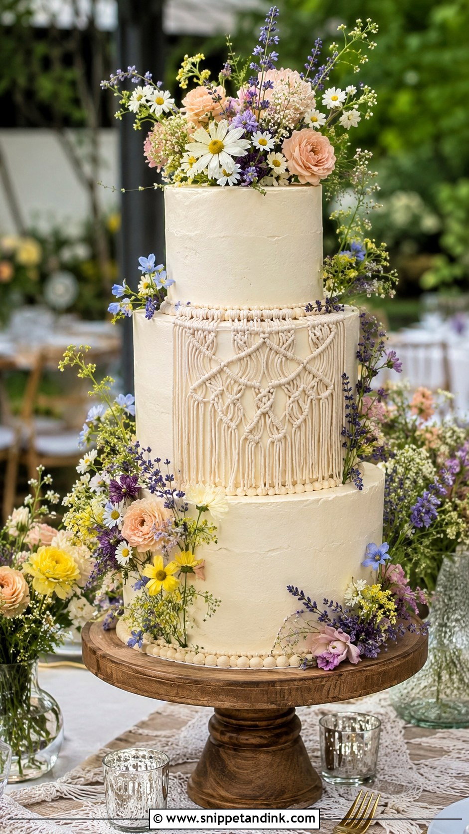 Macrame Wedding Cake With Wildflowers - Snippet and Ink - 20 Macrame Wedding Cake Ideas