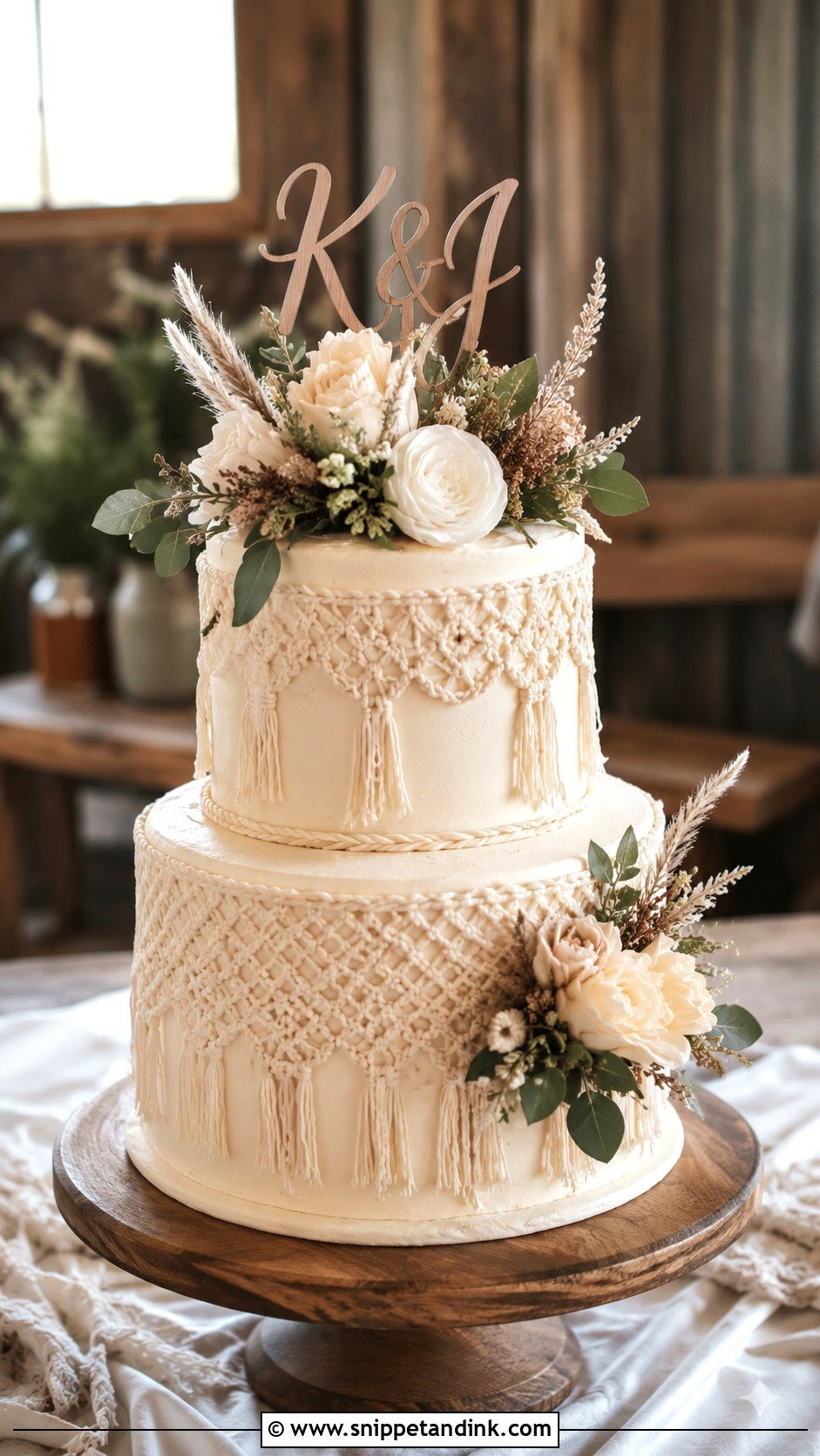 Macrame Wedding Cake With Wooden Topper - Snippet and Ink - 20 Macrame Wedding Cake Ideas