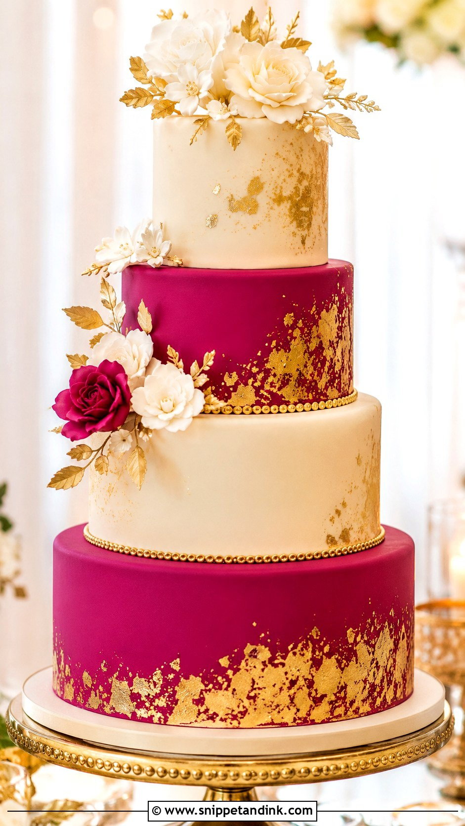 Magenta And Gold Wedding Cake - Snippet and Ink - 20 Magenta Wedding Cake Ideas