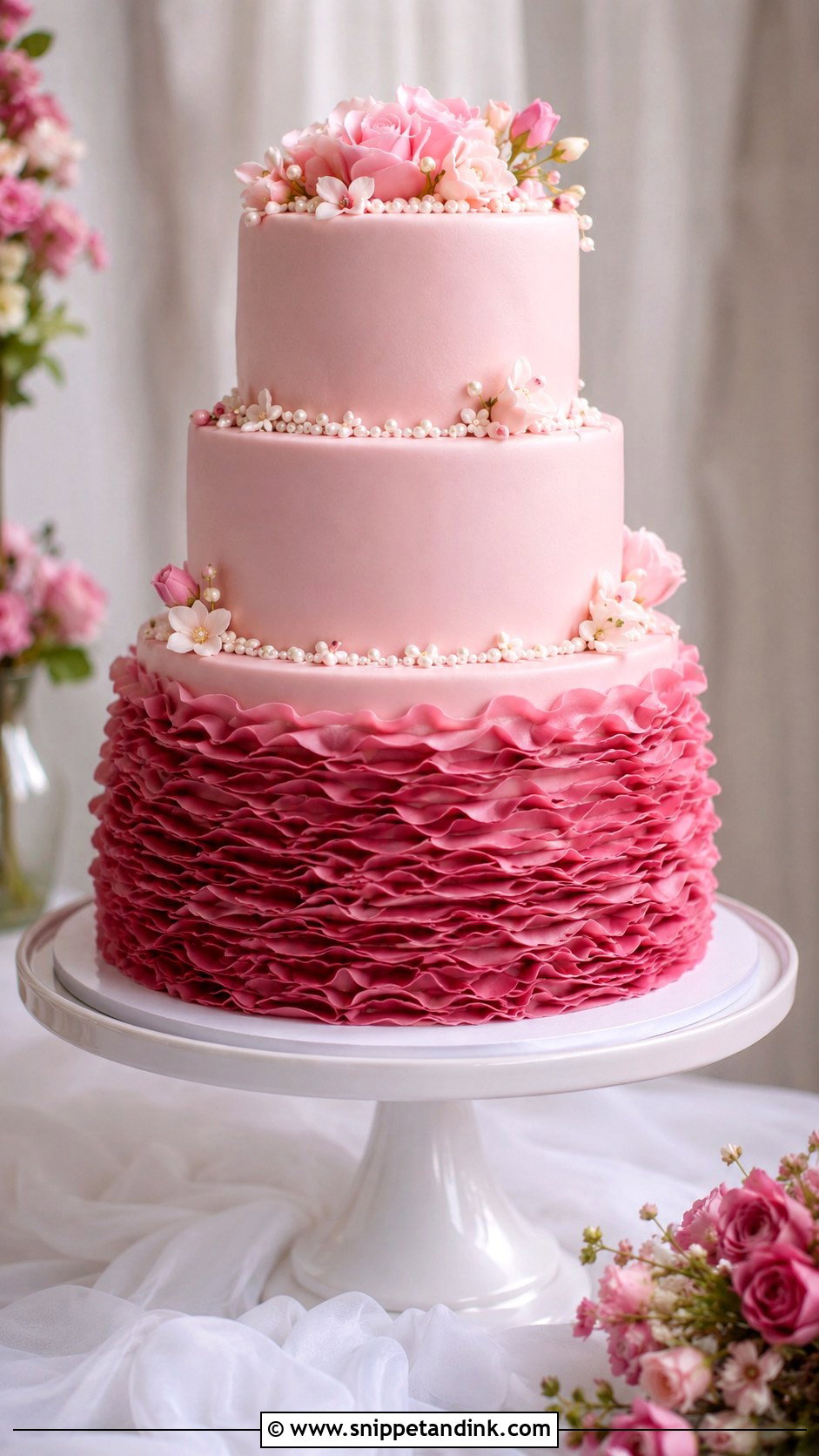 Magenta Ruffle Wedding Cake - Snippet and Ink - 20 Magenta Wedding Cake Ideas