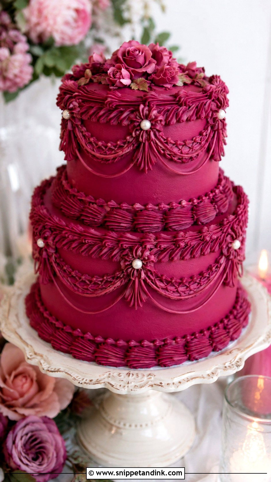 Magenta Vintage Wedding Cake - Snippet and Ink - 20 Magenta Wedding Cake Ideas