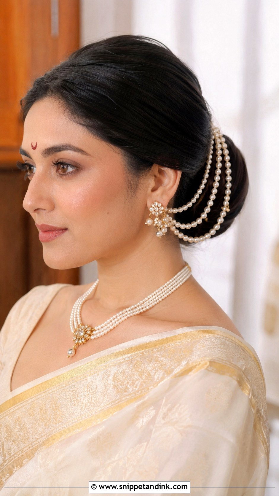 Maharashtrian Bun With Pearl Strings - Snippet and Ink - 25 Marathi Bride Hairstyle Ideas