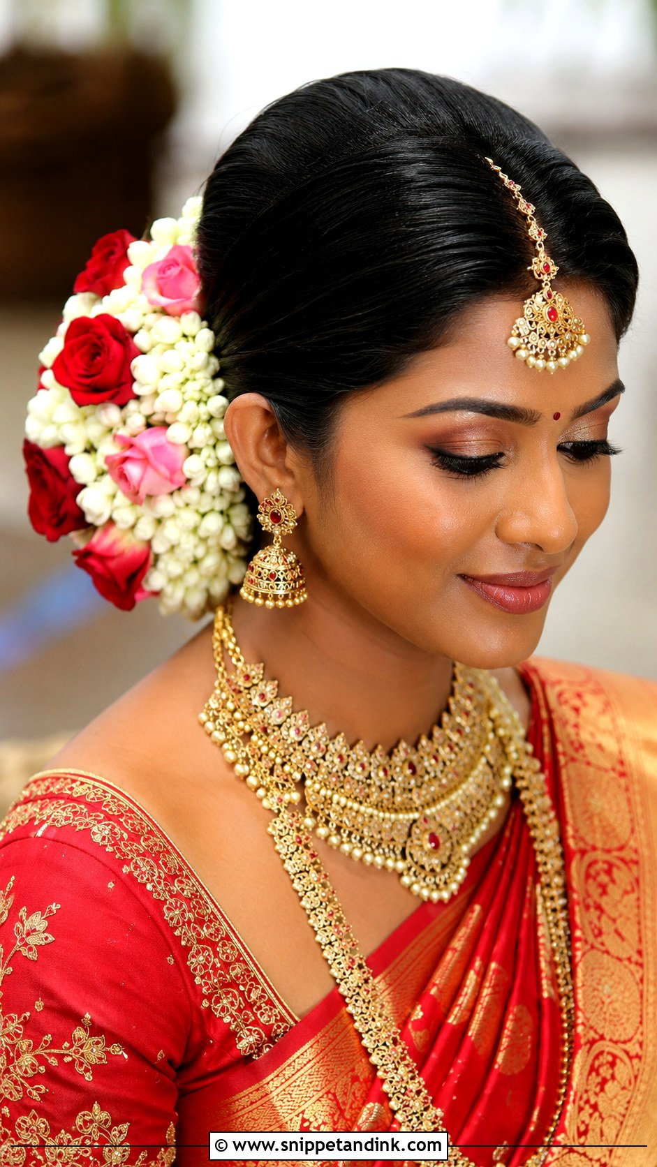 Mandap Bridal Floral Bun - Snippet and Ink - 15 Mandap Bride Hairstyle Ideas