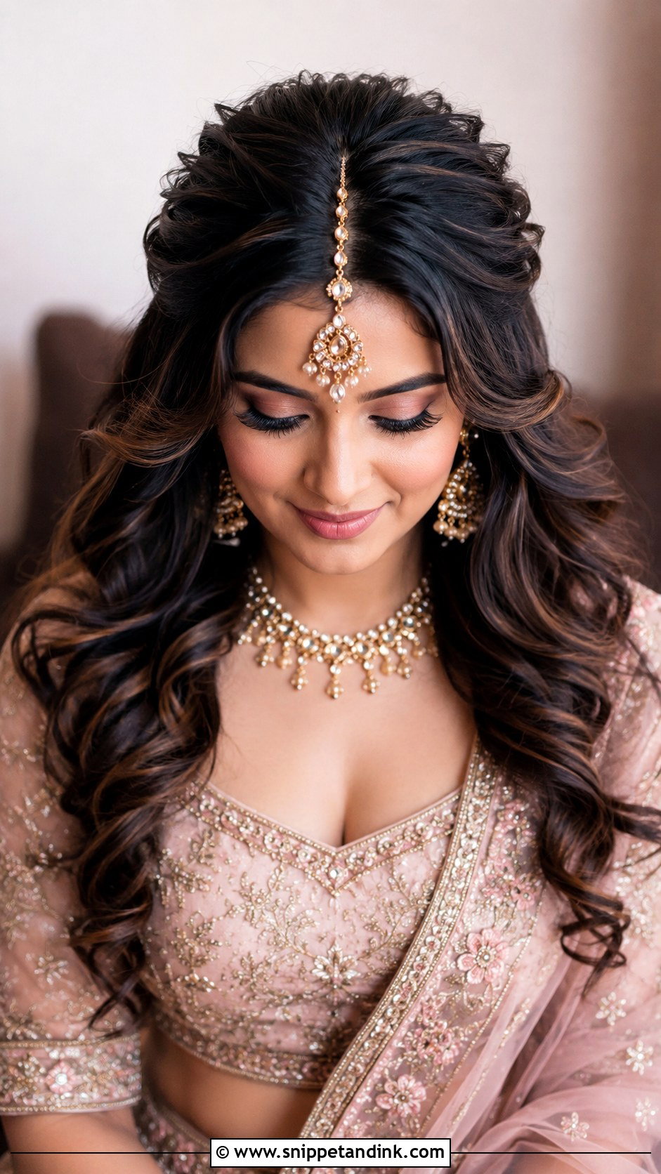 Mandap Bridal Loose Curls With Maang Tikka - Snippet and Ink - 15 Mandap Bride Hairstyle Ideas