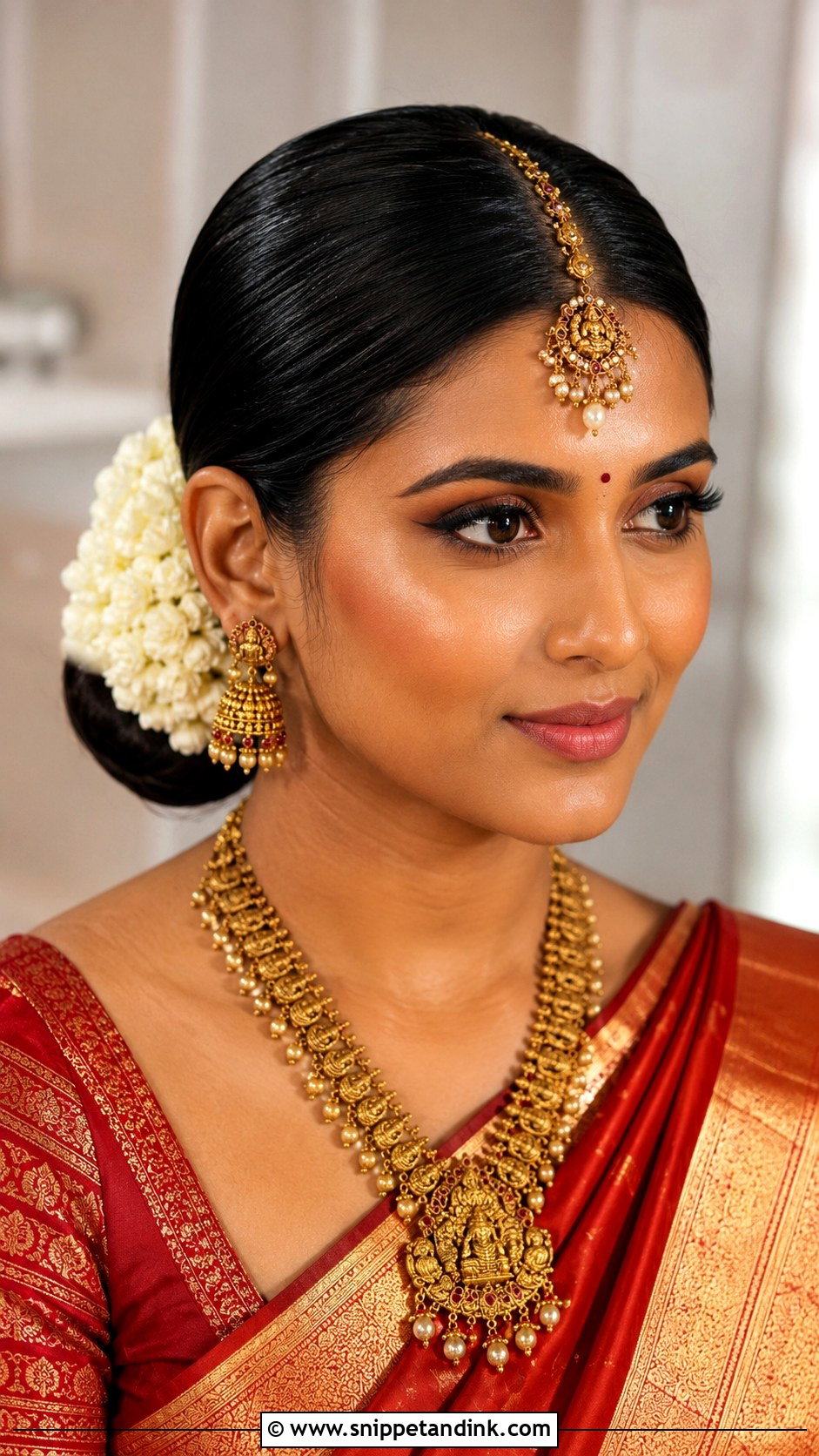 Mandap Bridal Sleek Bun With Maang Tikka - Snippet and Ink - 15 Mandap Bride Hairstyle Ideas