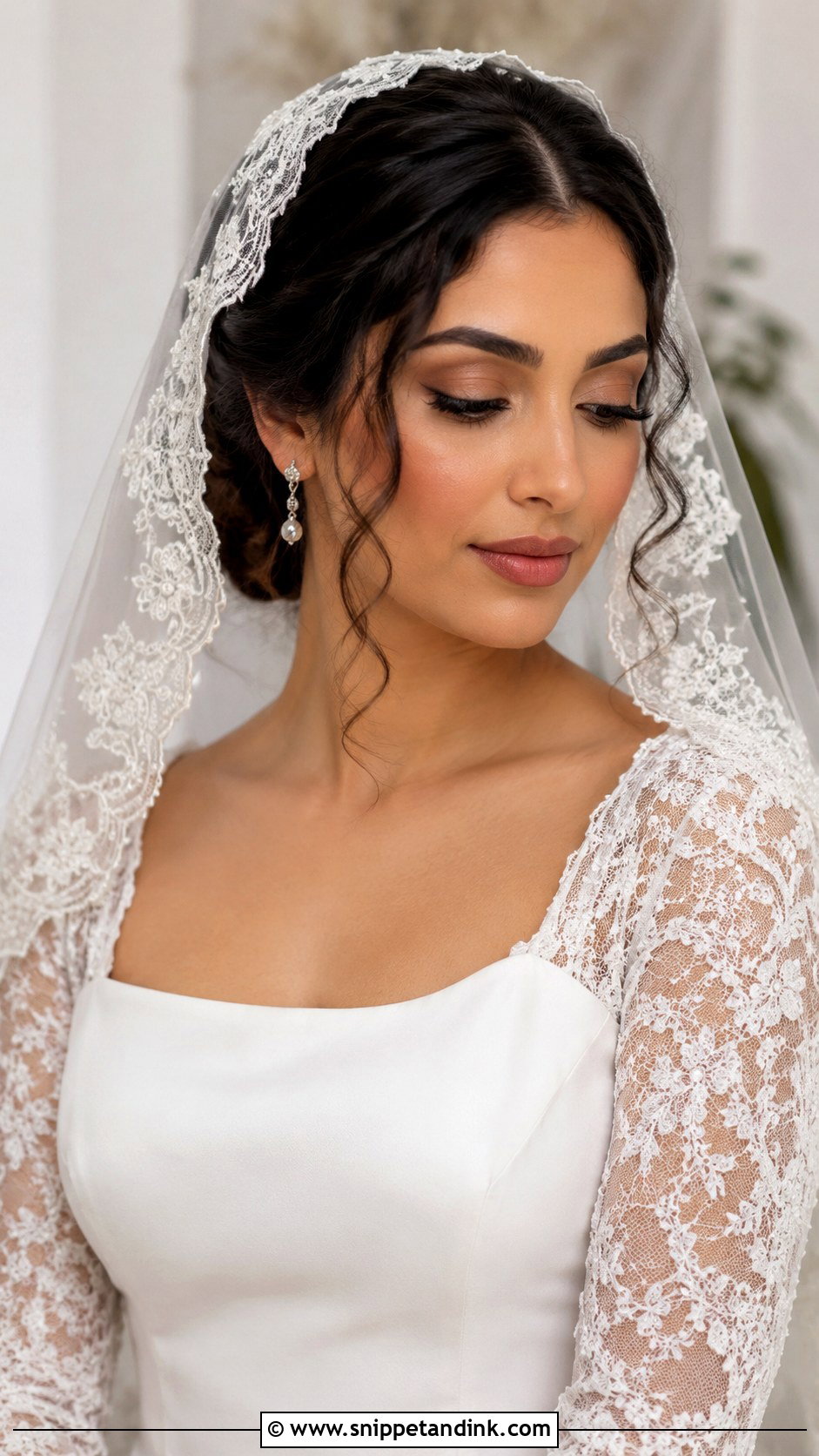 Mantilla Veil With Curly Bun And Middle Part - Snippet and Ink - 15 Mantilla Veil Curly Hair Ideas