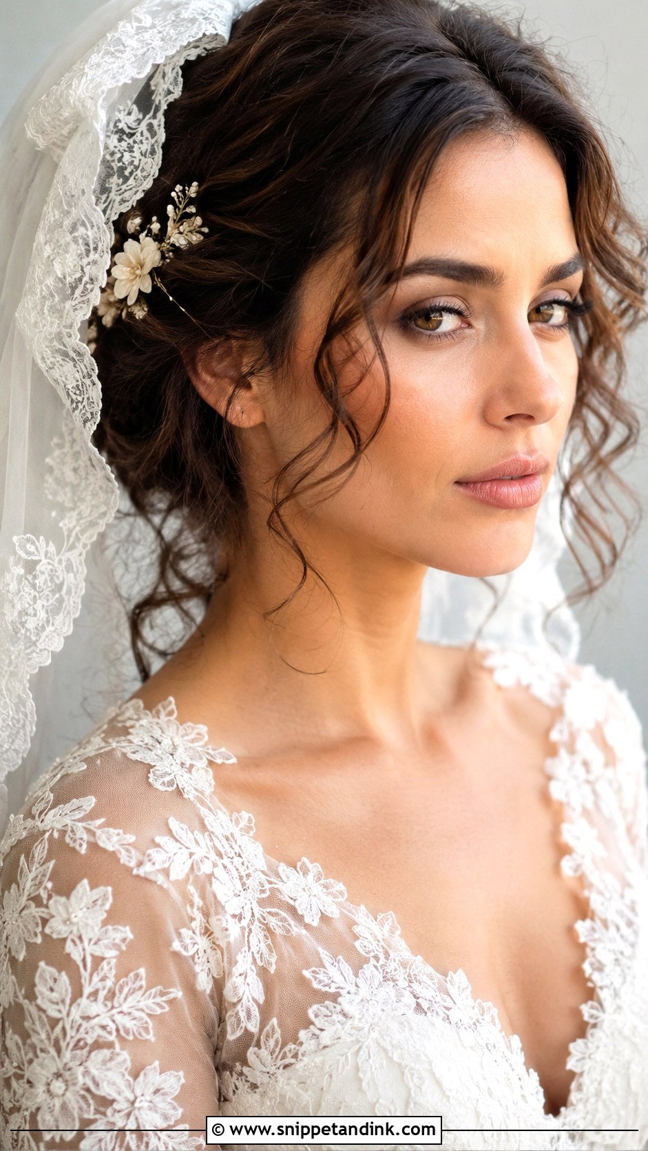 Mantilla Veil With Curly Hair And Flower Pins - Snippet and Ink - 15 Mantilla Veil Curly Hair Ideas