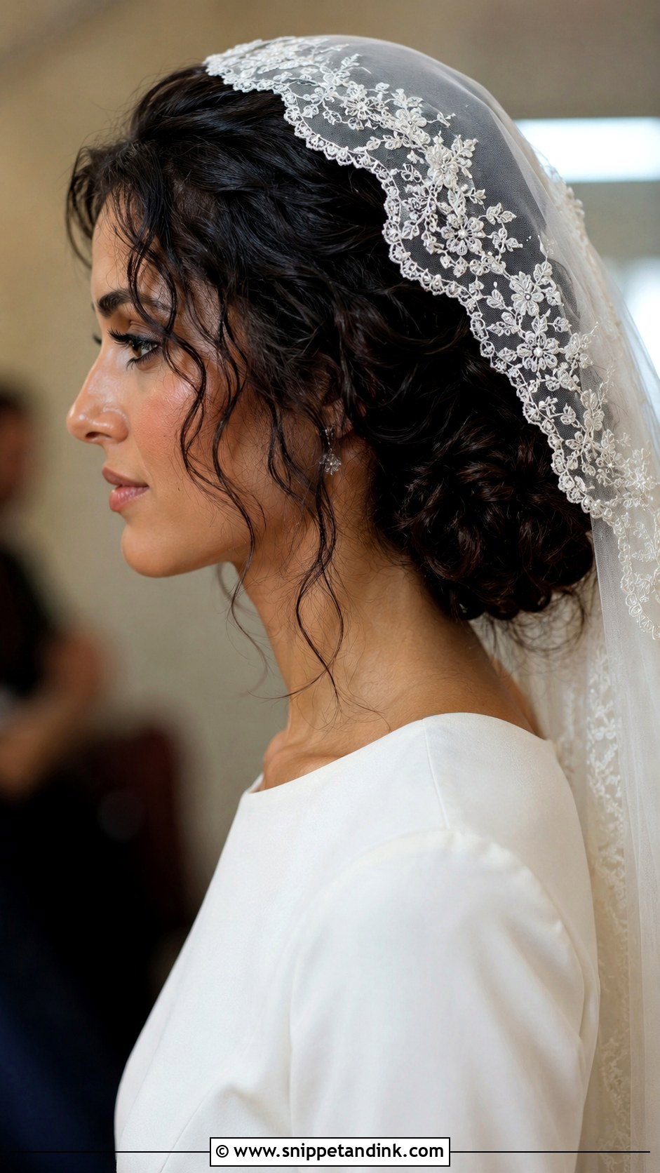Mantilla Veil With Curly Low Bun - Snippet and Ink - 15 Mantilla Veil Curly Hair Ideas