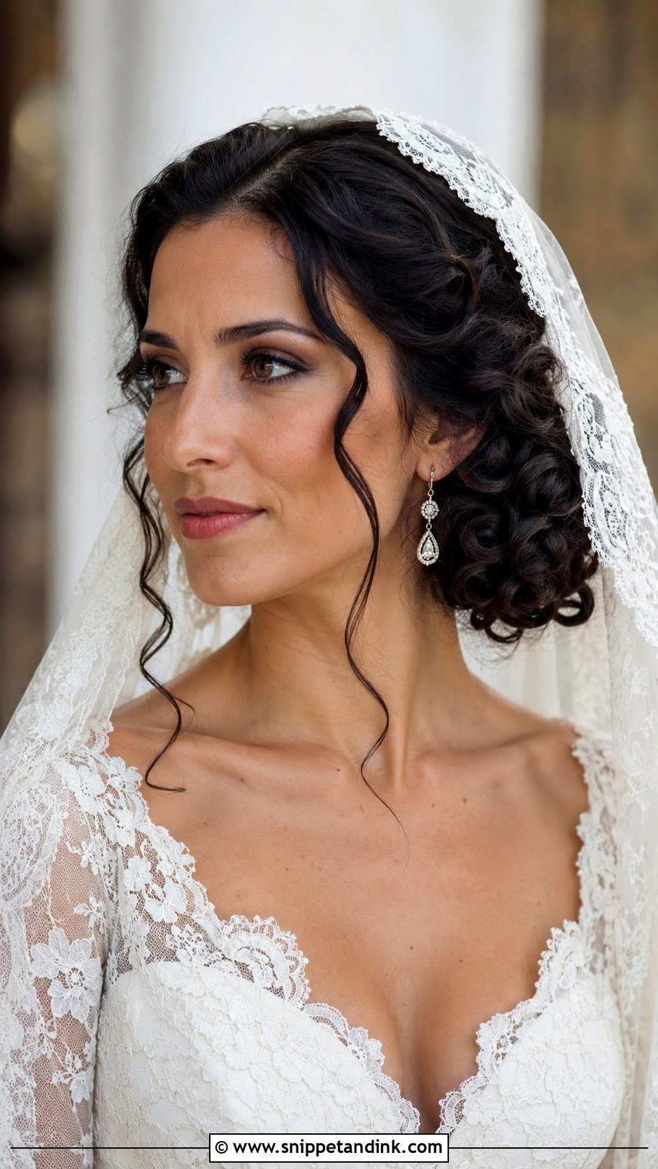Mantilla Veil With Curly Side Bun - Snippet and Ink - 15 Mantilla Veil Curly Hair Ideas