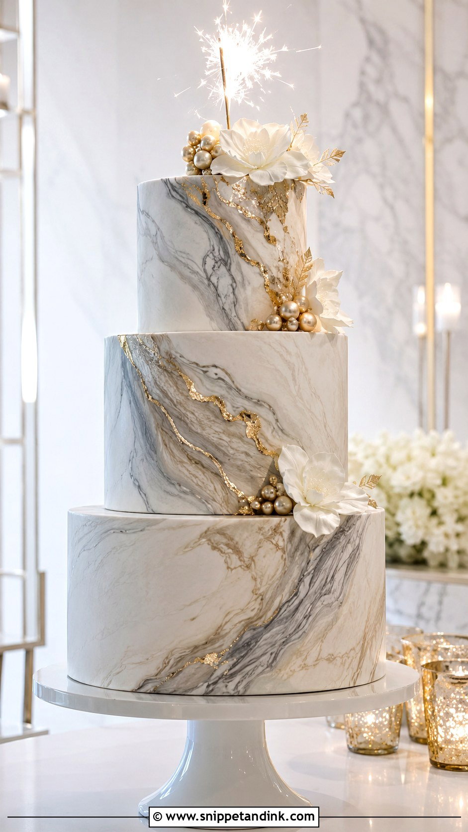 Marble Wedding Cake With Sparklers - Snippet and Ink - 20 Cake Ideas with Sparklers for Wedding