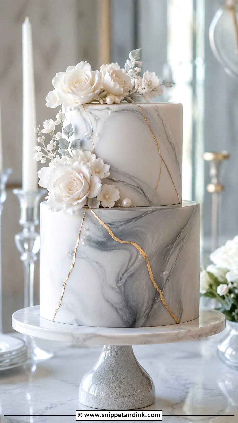 Marble Wedding Cake on Pedestal - Snippet and Ink - 20 Wedding Cake Ideas on Pedestals