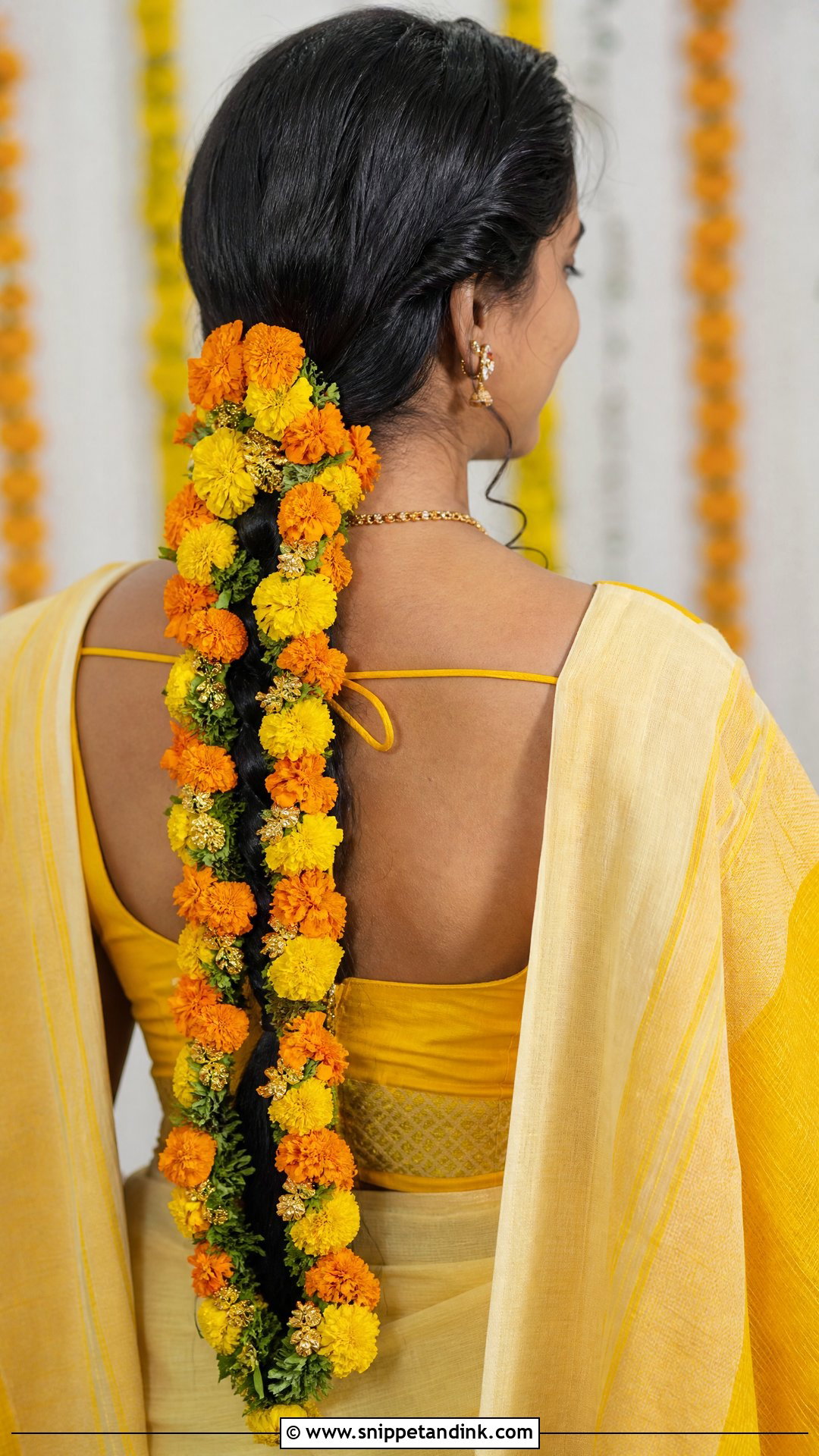 Marigold Braid For Haldi Ceremony - Snippet and Ink - 20 Tamil Wedding Hairstyle Ideas