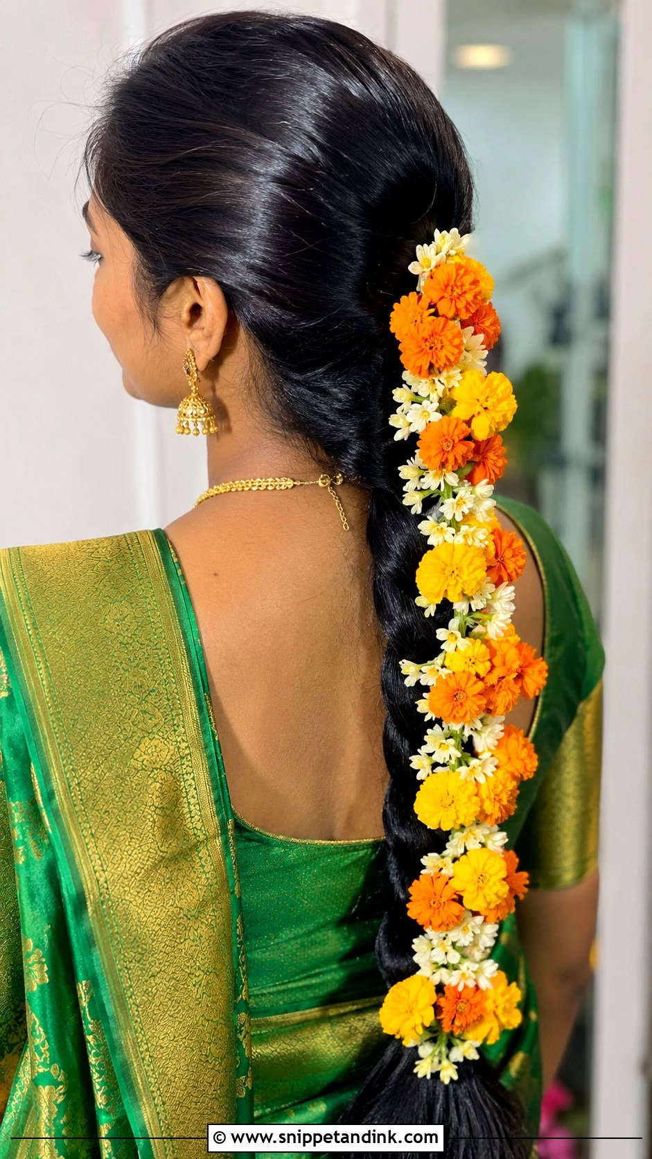 Marigold Braid Look - Snippet and Ink - 25 South Indian Bride Engagement Hairstyle Ideas