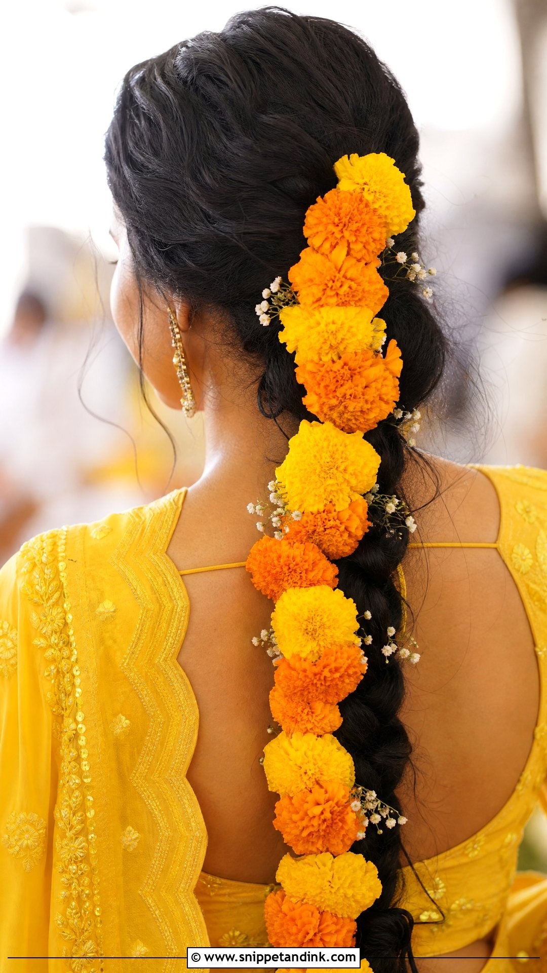 Marigold Braid for Haldi - Snippet and Ink - 20 Indian Wedding Braids Bridal Hairstyle