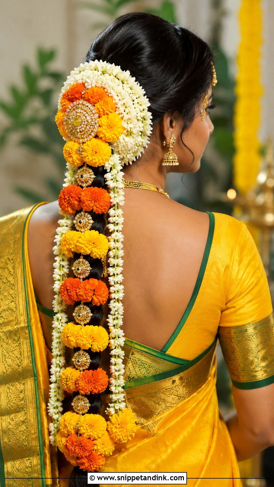 Marigold Bridal Braid - Snippet and Ink - 15 South Indian Bridal Hair Flowers Ideas