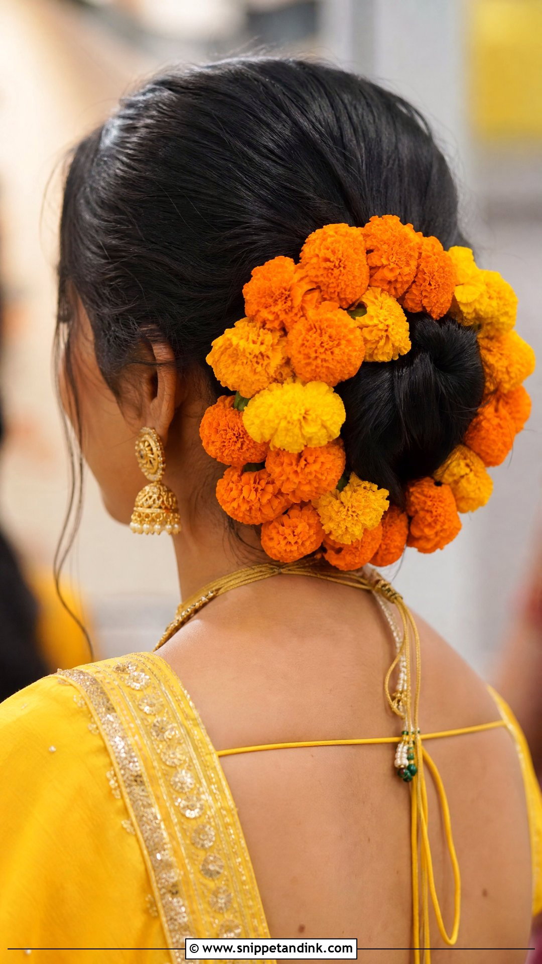 Marigold Bun Hairstyle - Snippet and Ink - 20 Indian Wedding Buns Hairstyles