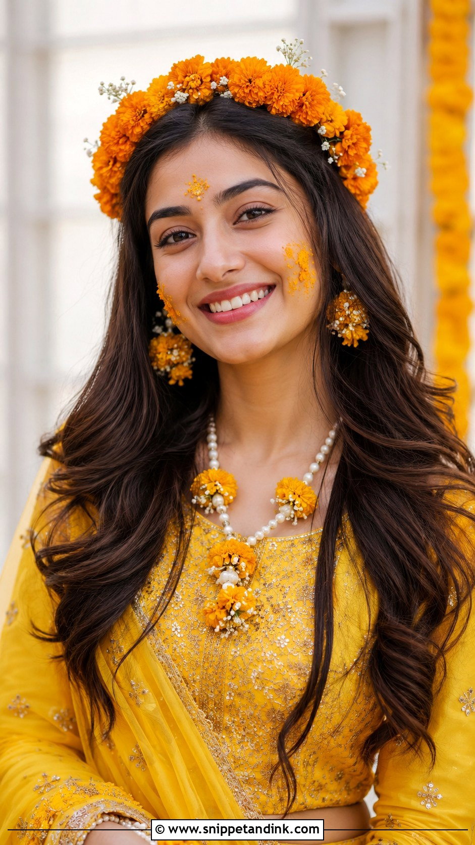 Marigold Hair Wreath With Open Hair - Snippet and Ink - 25 Haldi Bride Hairstyle Ideas