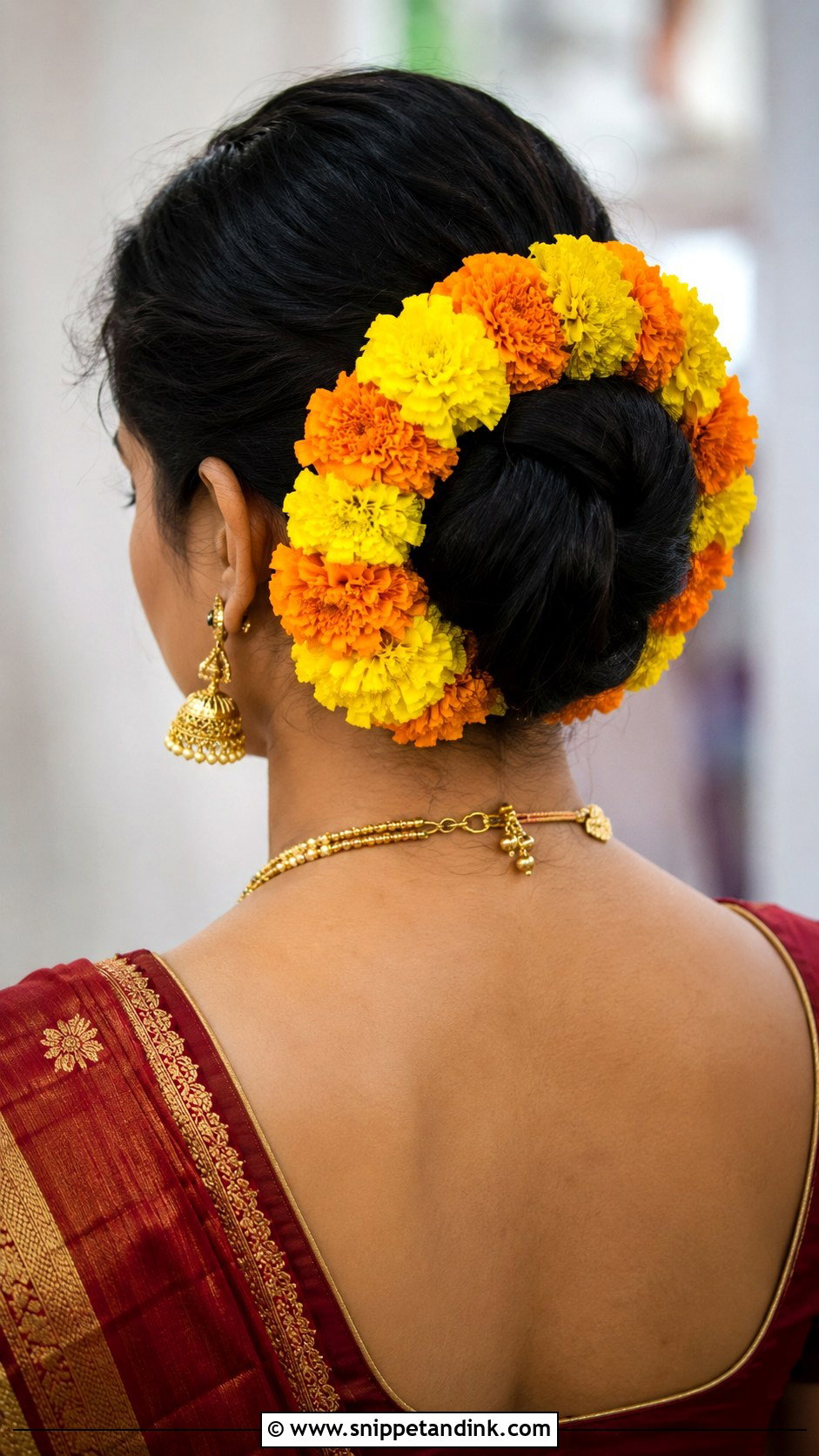 Marigold Veni for a Bright Bridal Look - Snippet and Ink - 20 Flower Veni for Hair Indian Brides Ideas