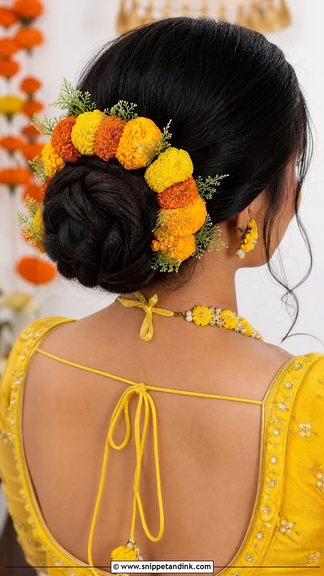Marigold Wrapped Bun - Snippet and Ink - 20 Indian Flower Bridal Bun Hairstyles