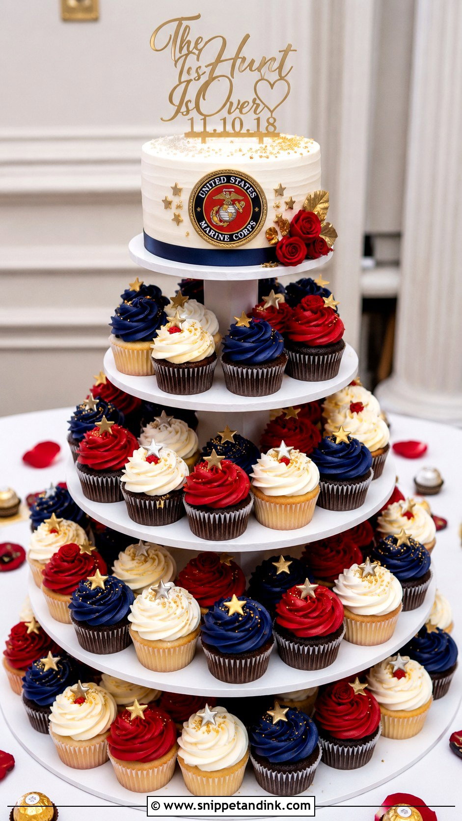 Marine Corps Wedding Cake With Cupcake Tower - Snippet and Ink - 25 Marine Corps Wedding Cake Ideas