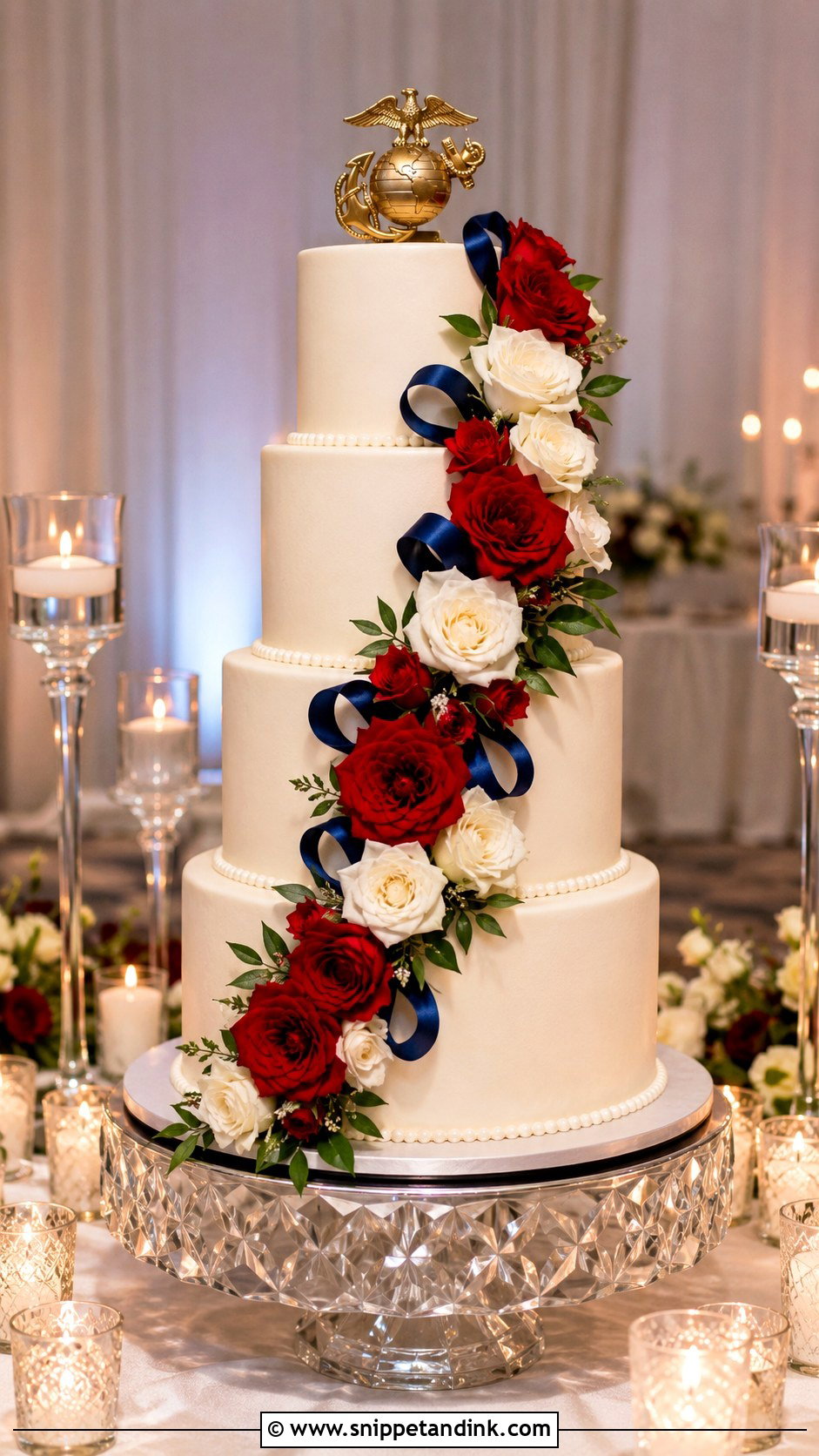 Marine Corps Wedding Cake With Floral Cascade - Snippet and Ink - 25 Marine Corps Wedding Cake Ideas