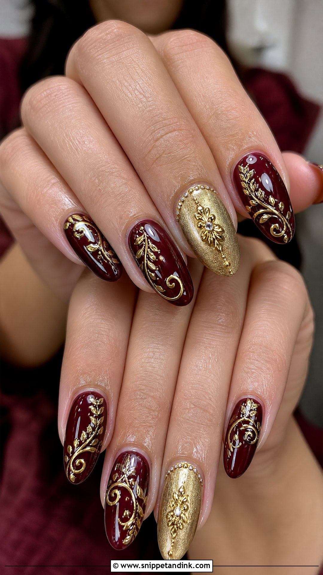 Maroon Bridal Nails With Gold Art - Snippet and Ink - 25 Indian Red Bridal Nail Art Ideas