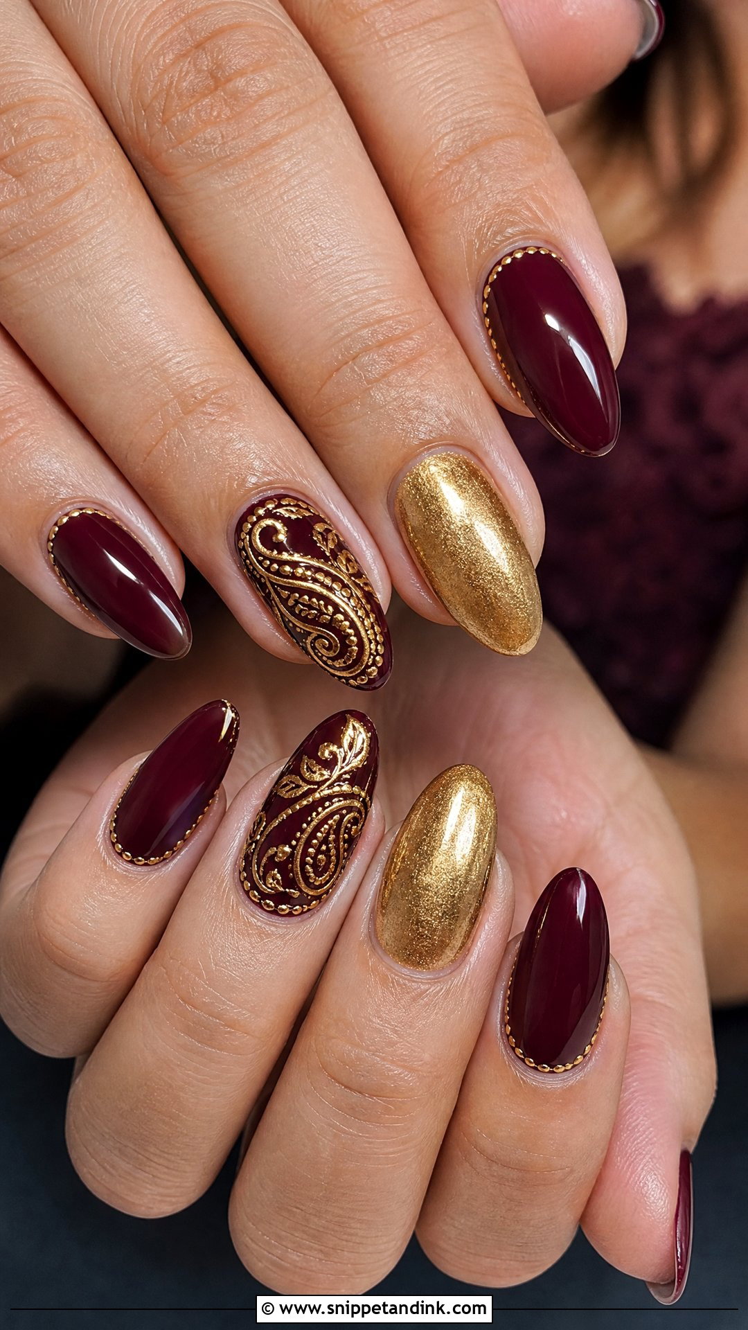 Maroon Bridal Nails With Gold Art - Snippet and Ink - 25 Nail Art for Wedding Indian Brides Ideas