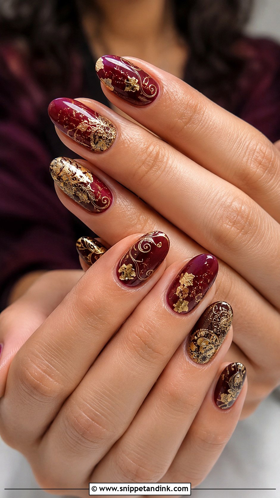 Maroon Bridal Nails With Gold Art - Snippet and Ink - 20 Indian Wedding Nails Design