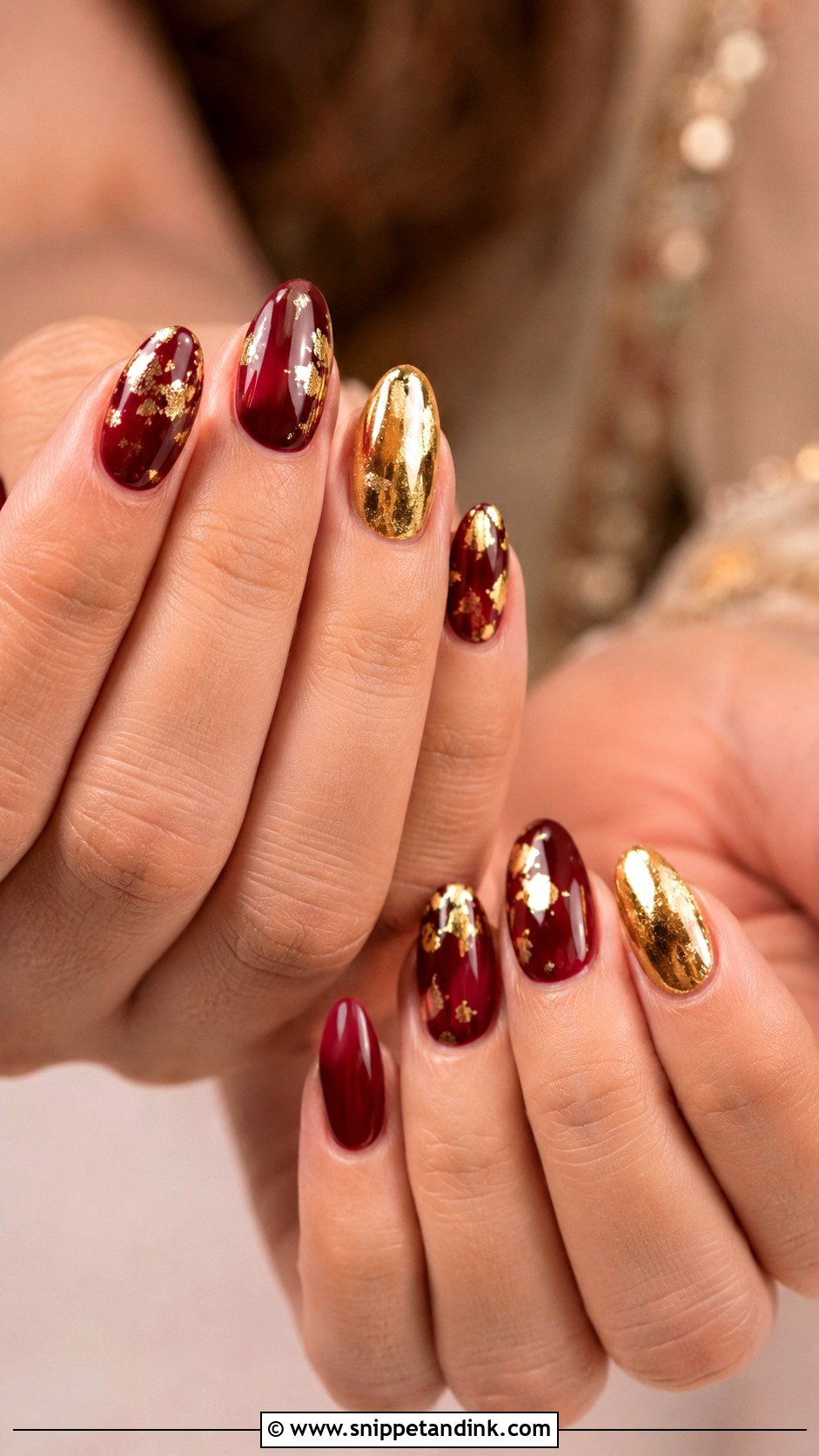 Maroon Bridal Nails With Gold Foil - Snippet and Ink - 30 Bridal Nail Art Indian Ideas