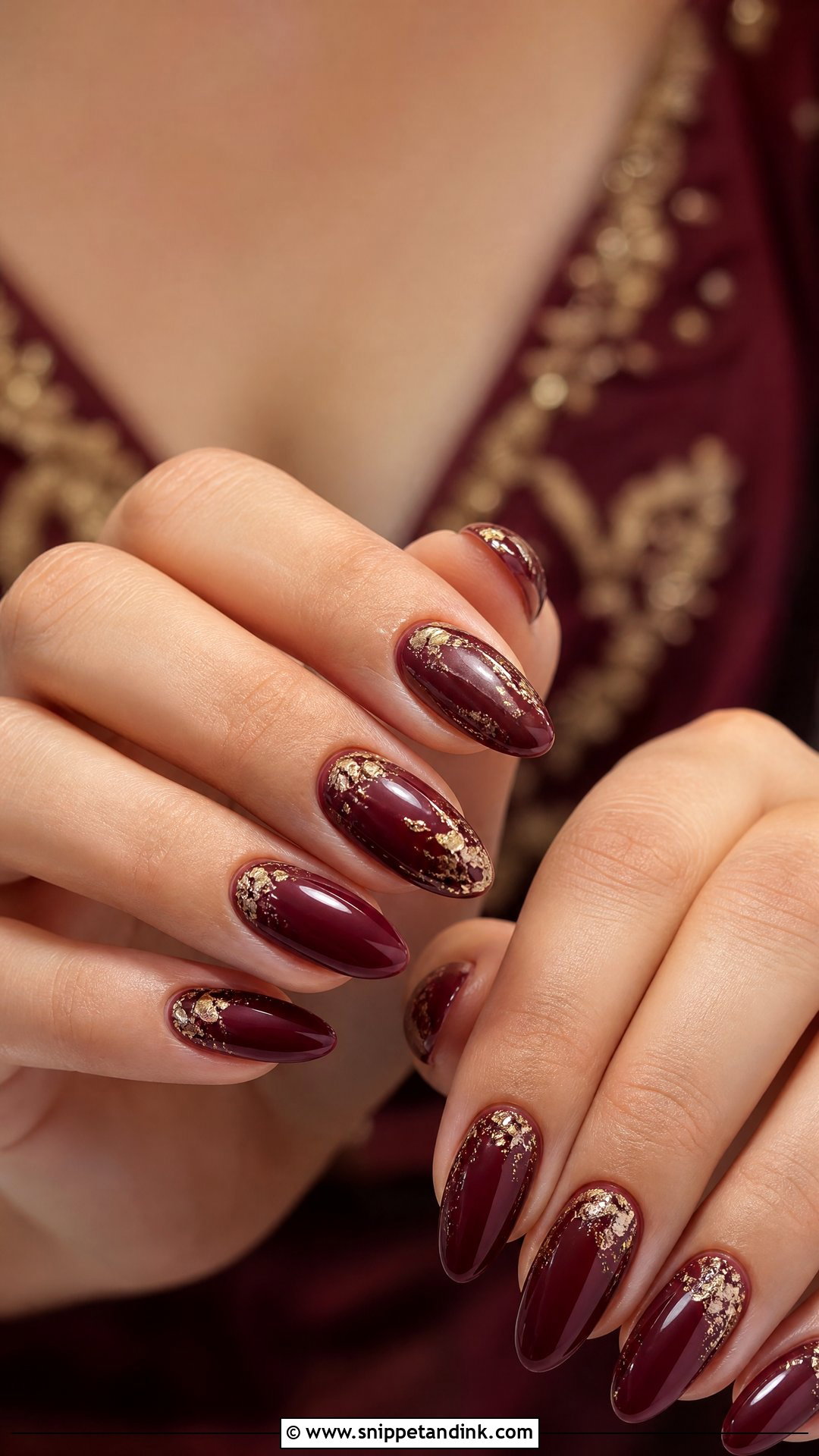 Maroon Bridal Nails With Gold Foil - Snippet and Ink - 25 Maroon Bridal Nails
