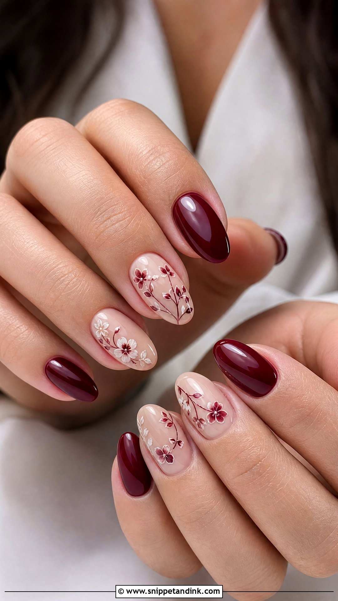 Maroon Floral Wedding Nails - Snippet and Ink - 25 Maroon Wedding Nail Art Ideas