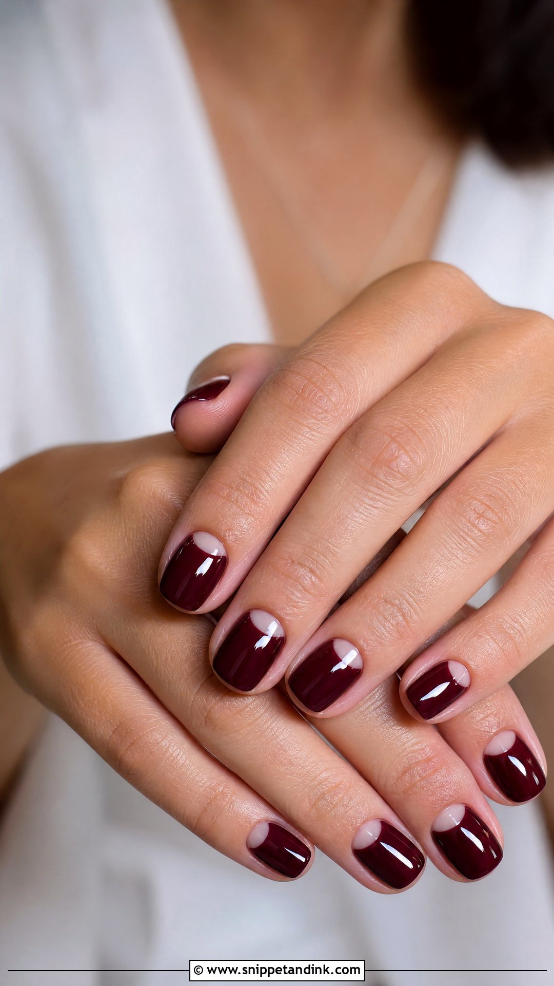 Maroon Half Moon Wedding Nails - Snippet and Ink - 25 Maroon Wedding Nail Art Ideas
